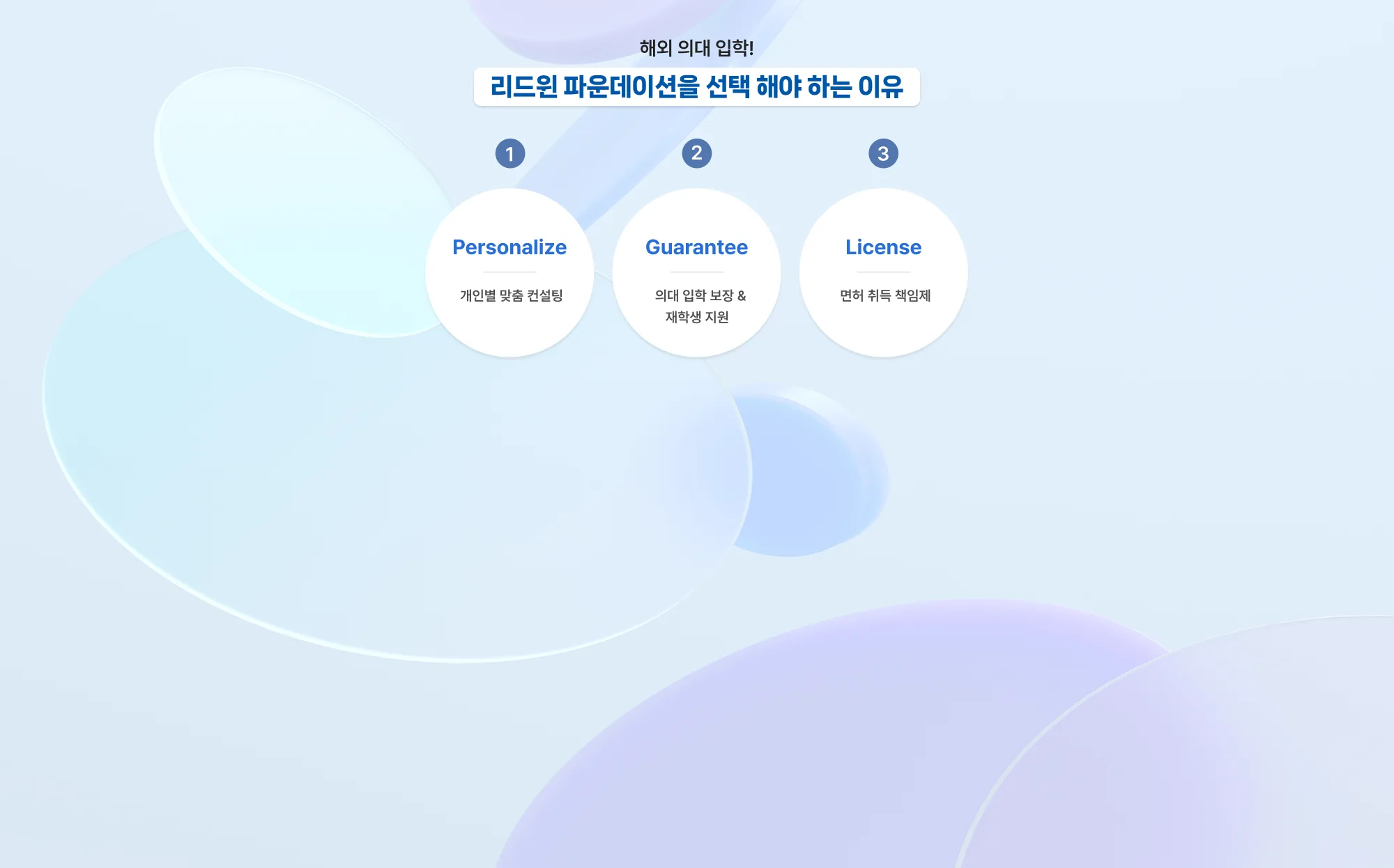 해외 의대 입학! 리드윈 파운데이션을 선택해야 하는 이유 Personalize - 개인별 맞춤 컨설팅: 개인별 맞춤 학교 선택 가능 유럽 및 영어권 의료행위 목적, 국내 리던 국내 면허 취득 목적, 미국 시민권 획득